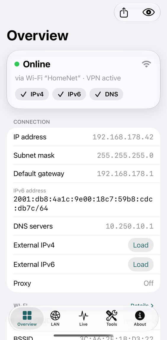 The overview screen with connection, Wi-Fi and VPN